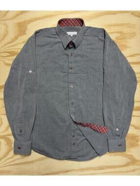 Jared Lang Men’s Medium Grey Pink Plaid Button Down Long Sleeve Collered Shirt